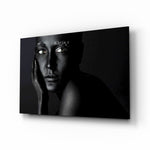 Woman Portrait 37 glass wall art displayed above a console in a designer interior
