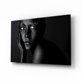 Woman Portrait 37 glass wall art displayed above a console in a designer interior