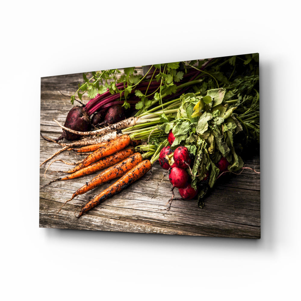 Carrot and Radish glass wall art displayed above a console in a designer interior