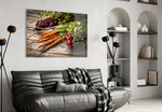 Carrot and Radish glass wall art styled in a farmhouse-mood kitchen