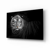 Tiger glass wall art displayed above a console in a designer interior