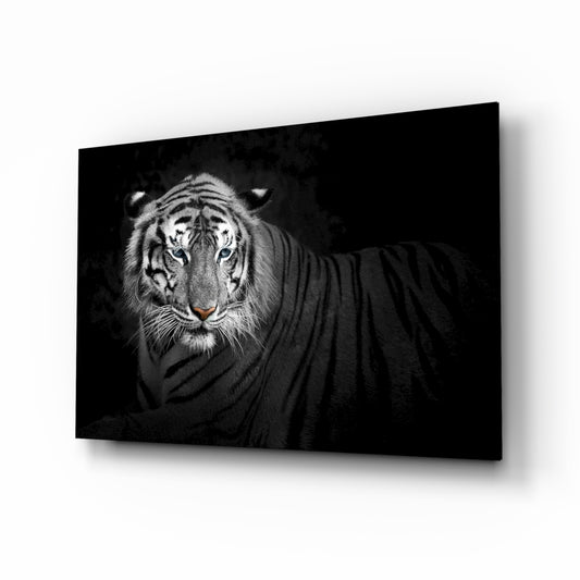 Tiger glass wall art displayed above a console in a designer interior