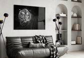 Tiger glass wall art styled above a sofa in a statement living room