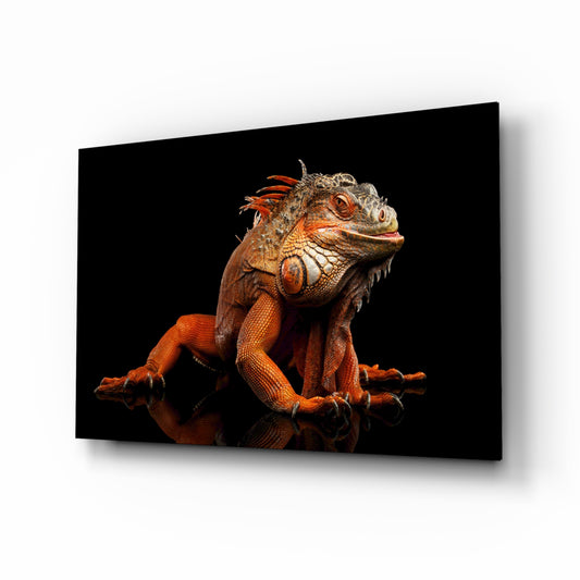 Komodo Dragon glass wall art displayed above a console in a designer interior