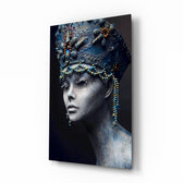 Woman Portrait 38 glass wall art displayed above a console in a designer interior