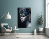 Woman Portrait 38 glass wall art styled above a bed in a regal bedroom