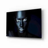 Woman Portrait 39 glass wall art displayed above a console in a designer interior