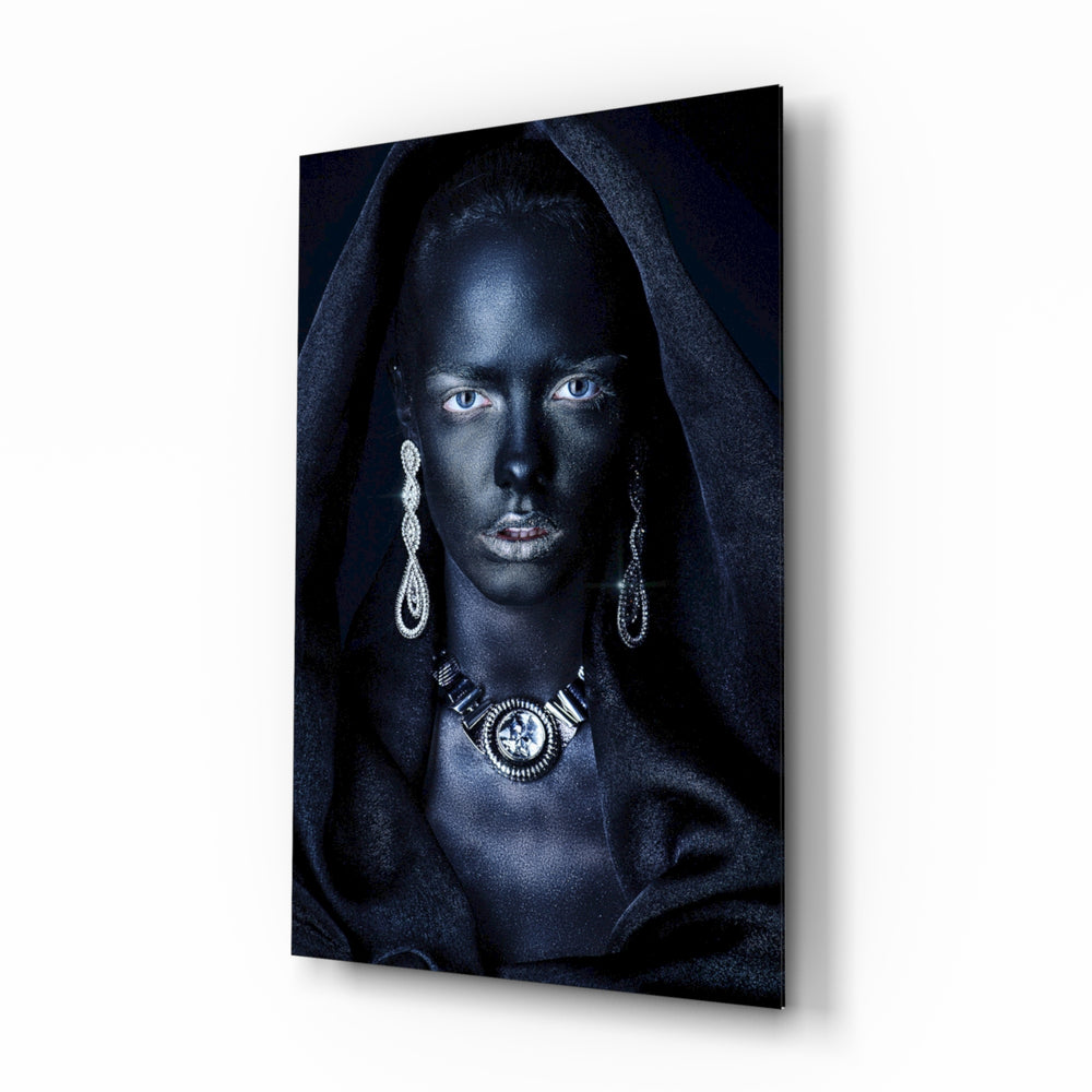 Woman Portrait 40 glass wall art displayed above a console in a designer interior