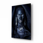 Woman Portrait 40 glass wall art displayed above a console in a designer interior