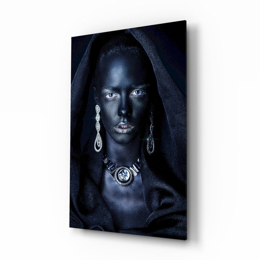 Woman Portrait 40 glass wall art displayed above a console in a designer interior