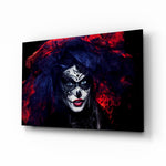 Woman Portrait 41 glass wall art displayed above a console in a designer interior