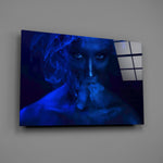 Blue body-paint portrait bringing editorial mystery to a contemporary living space