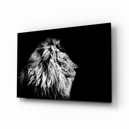 Lion glass wall art displayed above a console in a designer interior