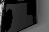 Lion artwork anchoring a library with monochrome palette