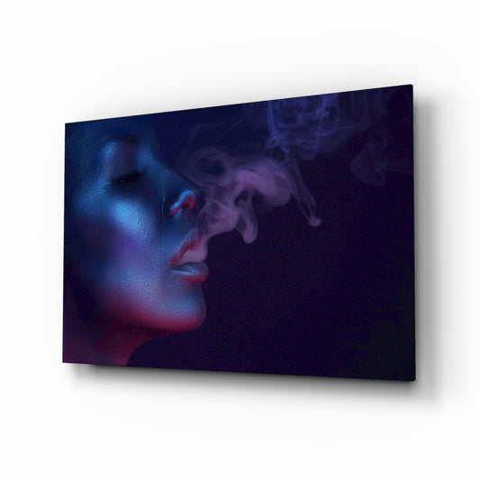 Smoke and Woman glass wall art displayed above a console in a designer interior