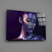 Woman Portrait 42 glass panel with cosmic violet tones in a contemporary living space