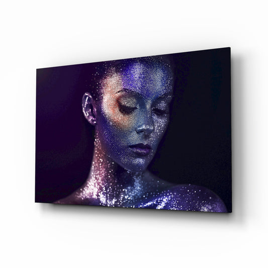 Woman Portrait 42 glass wall art displayed above a console in a designer interior