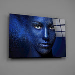 Cobalt-and-glitter portrait bringing celestial mood to a contemporary living space