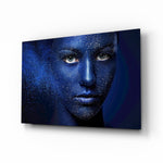Woman Portrait 43 glass wall art displayed above a console in a designer interior