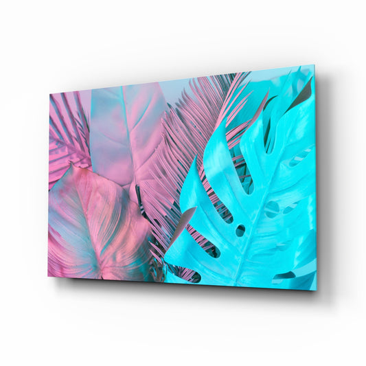 Tropical Leaf glass wall art displayed above a console in a designer interior