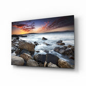 Sea Landscape glass wall art displayed above a console in a designer interior