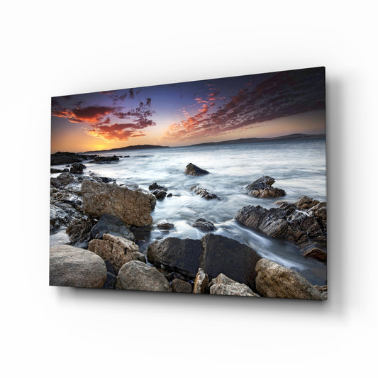 Sea Landscape glass wall art displayed above a console in a designer interior