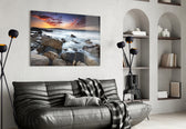 Sea Landscape glass wall art styled above a sofa in a seaside-calm living room