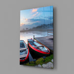 Misty dawn lake panel bringing pastoral calm to a contemporary living space