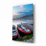 Lake and Boats Landscape glass wall art displayed above a console in a designer interior