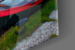 Lake and Boats artwork anchoring a cabin-inspired hallway