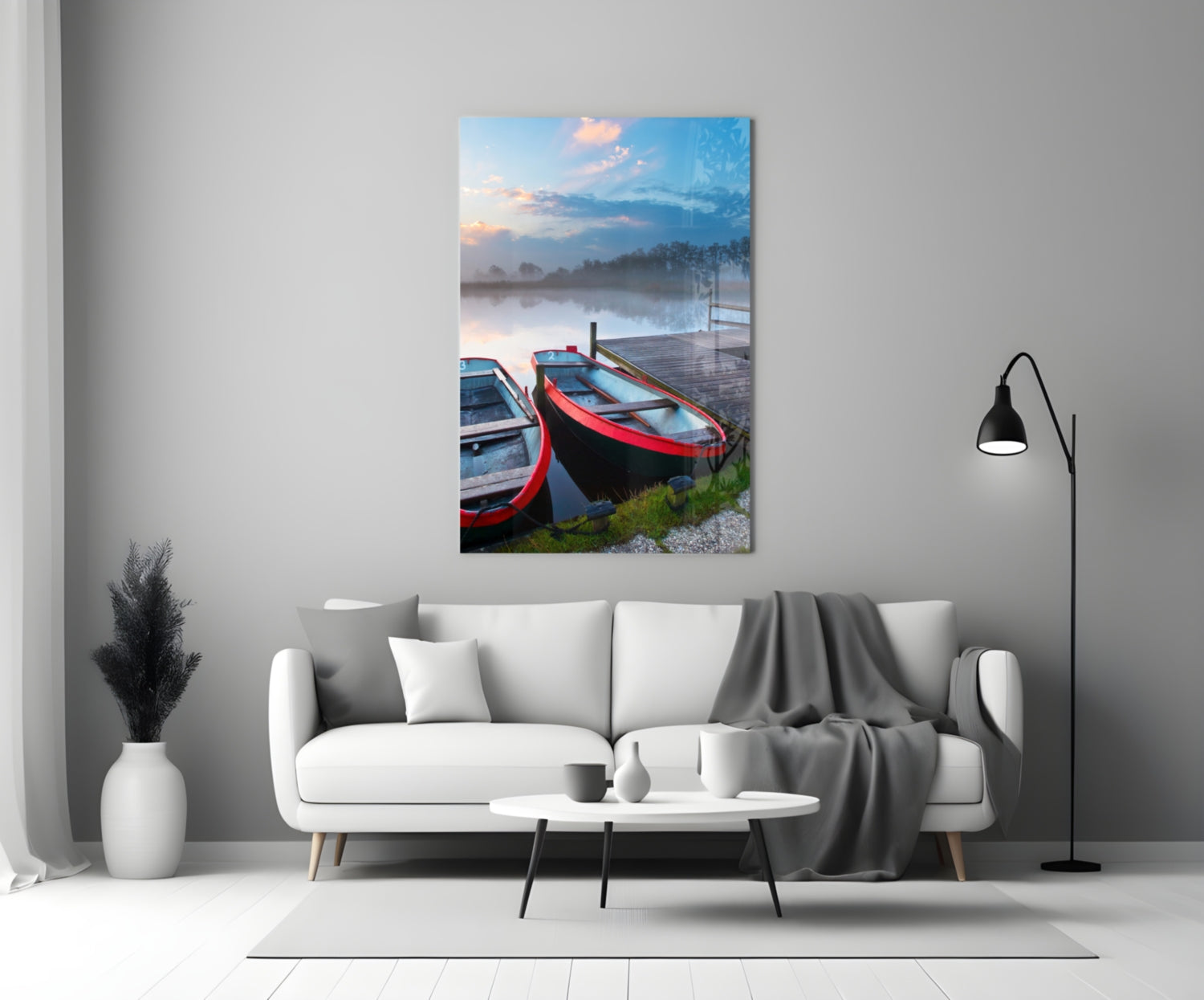 Lake and Boats Landscape Glass Wall Art.