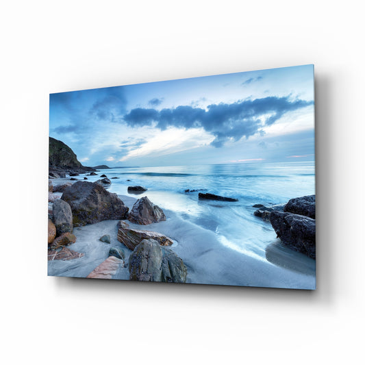 Sea Landscape glass wall art displayed above a console in a designer interior