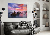 Sunset at Sea glass wall art styled above a sofa in a horizon-focused living room