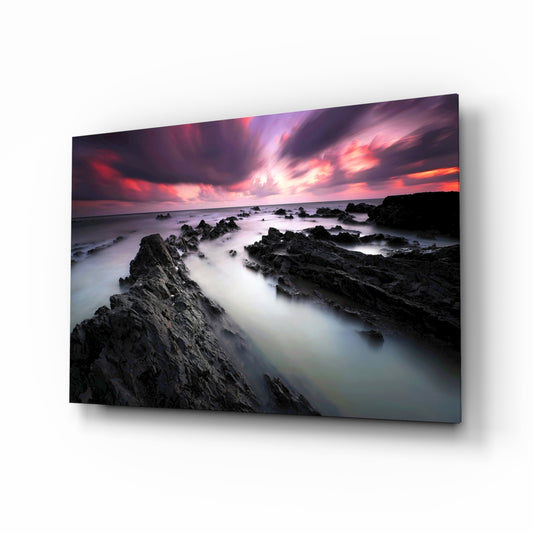 Sunset Landscape glass wall art displayed above a console in a designer interior