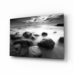 Cliffs glass wall art displayed above a console in a designer interior
