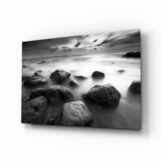 Cliffs glass wall art displayed above a console in a designer interior