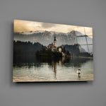 Alpine island-church panel bringing storybook mood to a contemporary living space