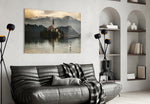 Lake glass wall art styled above a sofa in a romantic living room