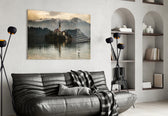 Lake glass wall art styled above a sofa in a romantic living room