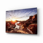Canyon and Sunset glass wall art displayed above a console in a designer interior
