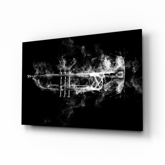 Trumpet glass wall art displayed above a console in a designer interior