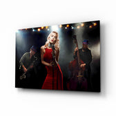 Female Musician glass wall art displayed above a console in a designer interior