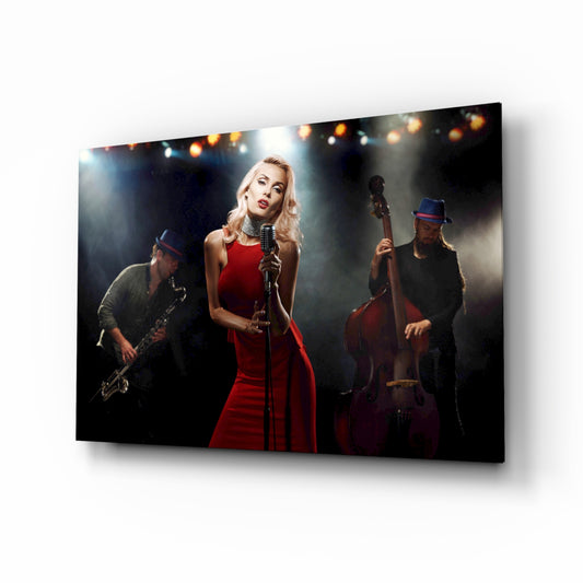 Female Musician glass wall art displayed above a console in a designer interior