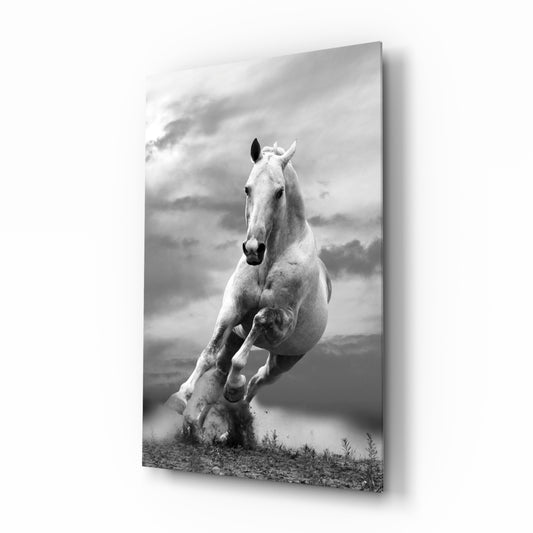 Running Horse glass wall art displayed above a console in a designer interior
