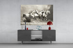 Running Horses panel catching warm light to reveal its sepia drift