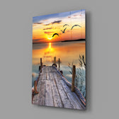 Golden sunset dock panel bringing waterfront calm to a contemporary living space
