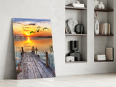 Sunset on the Dock glass print enhancing a hallway with warm horizon