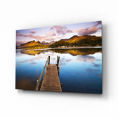 Lake Landscape glass wall art displayed above a console in a designer interior