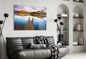 Lake Landscape glass wall art styled above a sofa in a serene living room