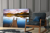 Lake Landscape glass print enhancing a hallway with vanishing-point quiet